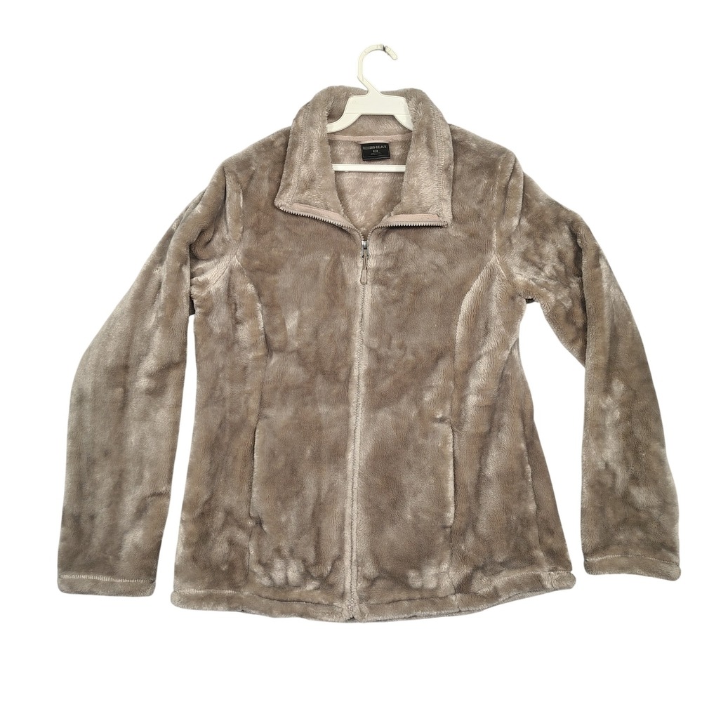 32 Degrees Heat Fleece Jacket Womens Medium Full Zip Faux Fur Taupe Solid